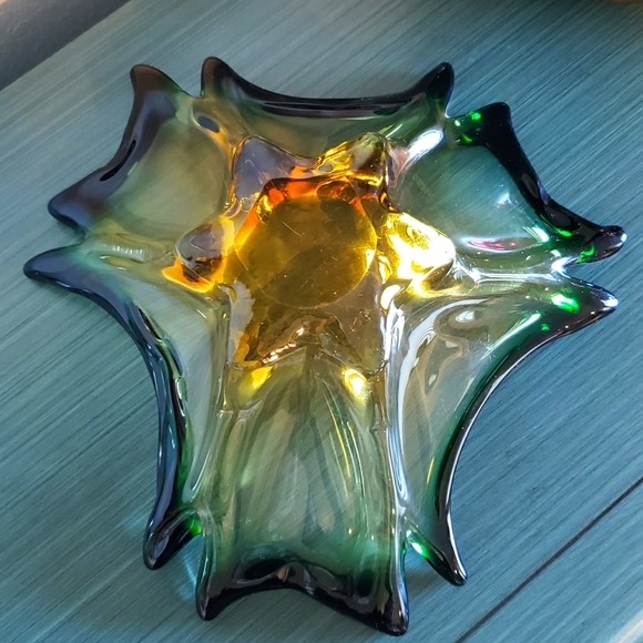 Vintage Handblown Green & Amber Art Glass Mid-Century Modern Art Deco Boho Bowl - Picture 9 of 13